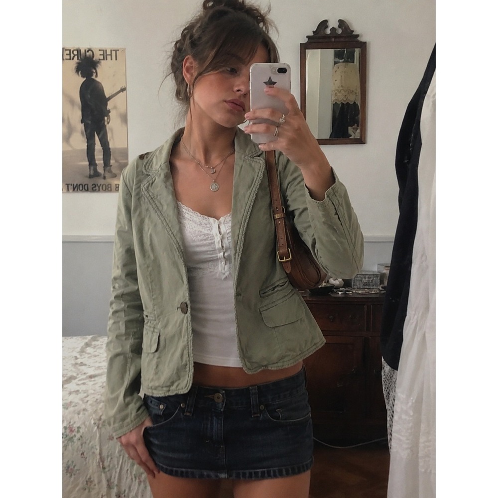 Vintage Y2K Military Green Cotton Ruffle Trim One Button‎ Blazer Jacket- L
